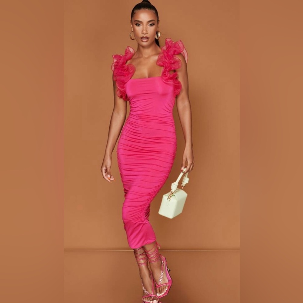 Hot Pink Ruffle Trim Midi Bodycon Dress Size MEDIUM NEVER WORN